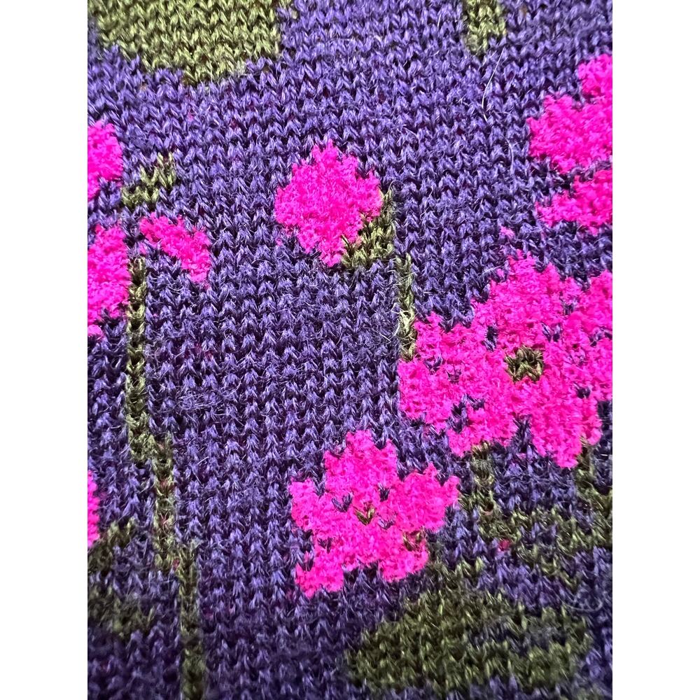 Vintage 80s Floral Pattern Mock Neck Purple Yellow Green Knit Sweater Geometric - Picture 11 of 11